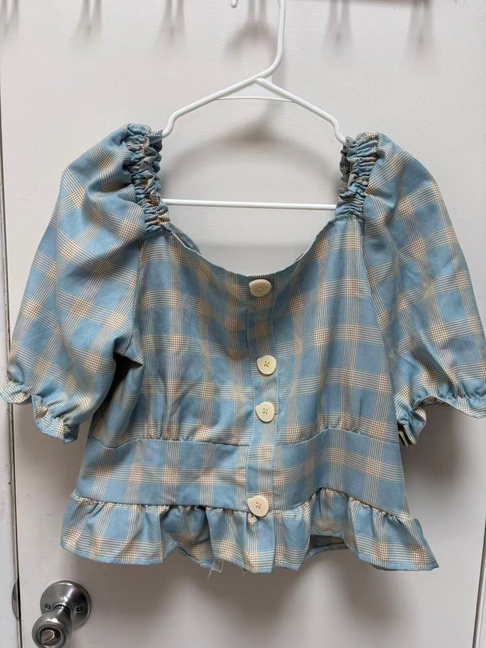 Plaid Puff Sleeve Crop Top Size M Square Neck Peplum Blouse Back Zip Cottagecore